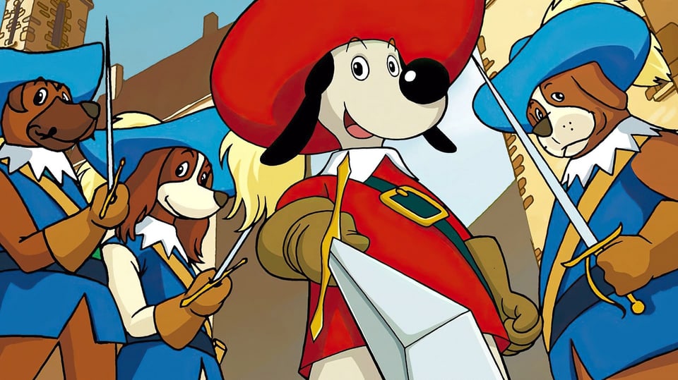 Zeichentrickserie mit Hunden, die Hüte und Degen tragen.
