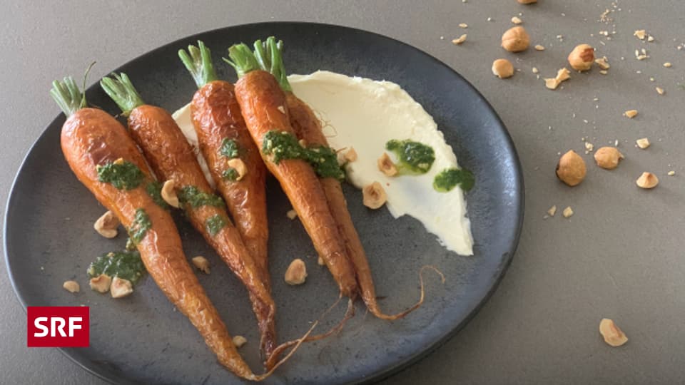 Geschmorte Karotten mit Karottenkraut-Haselnuss-Pesto - A point - SRF