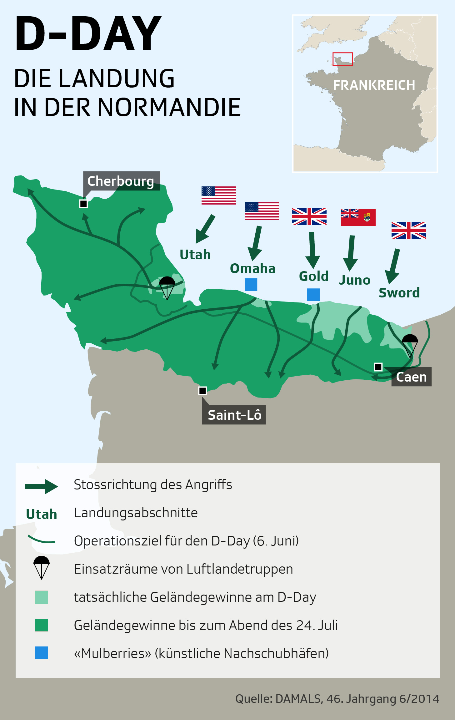 Karte mit den Landungsabschnitten der Alliierten in der Normandie