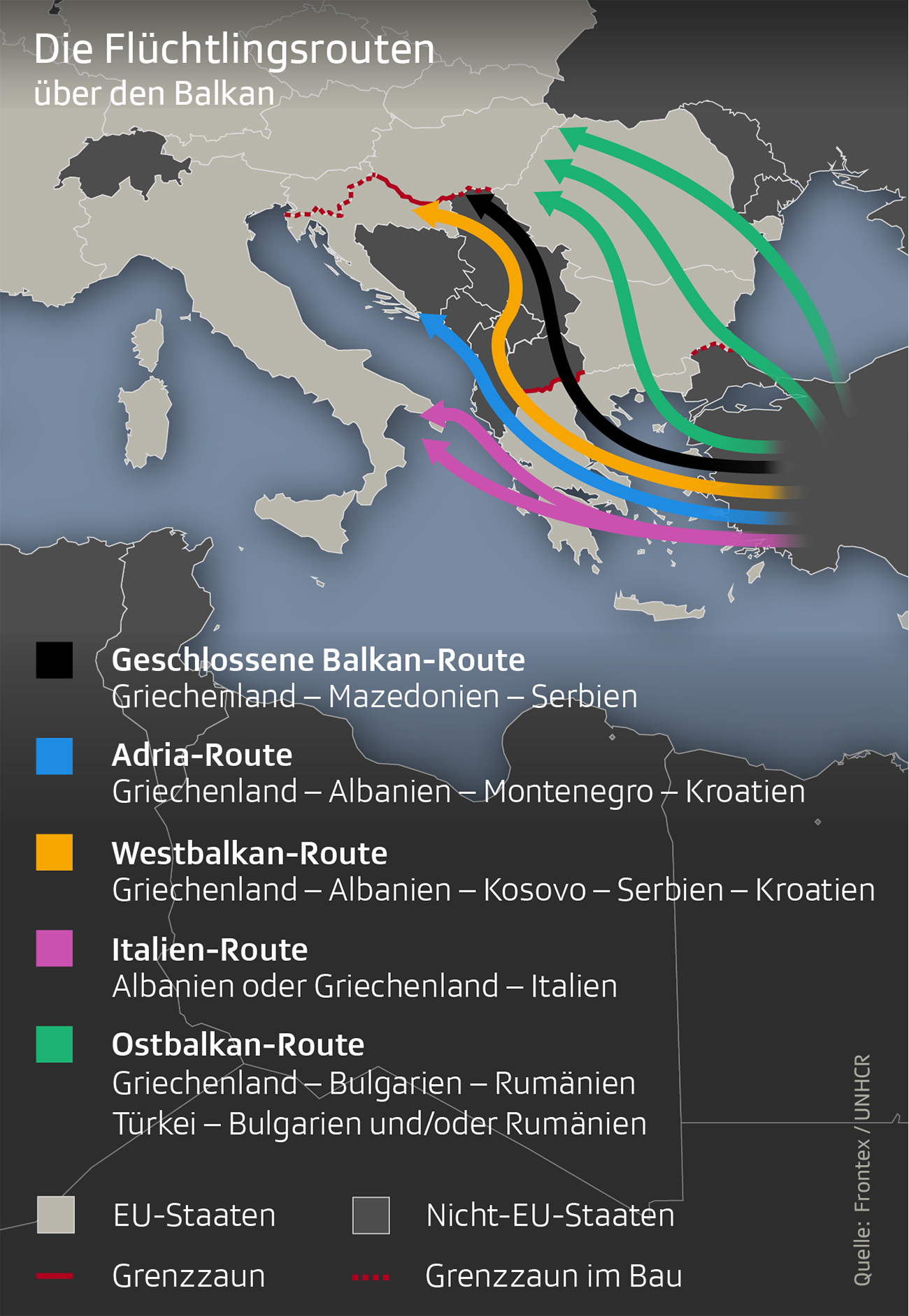 Karte zeigt den Balkan mit den Flüchtlingsrouten