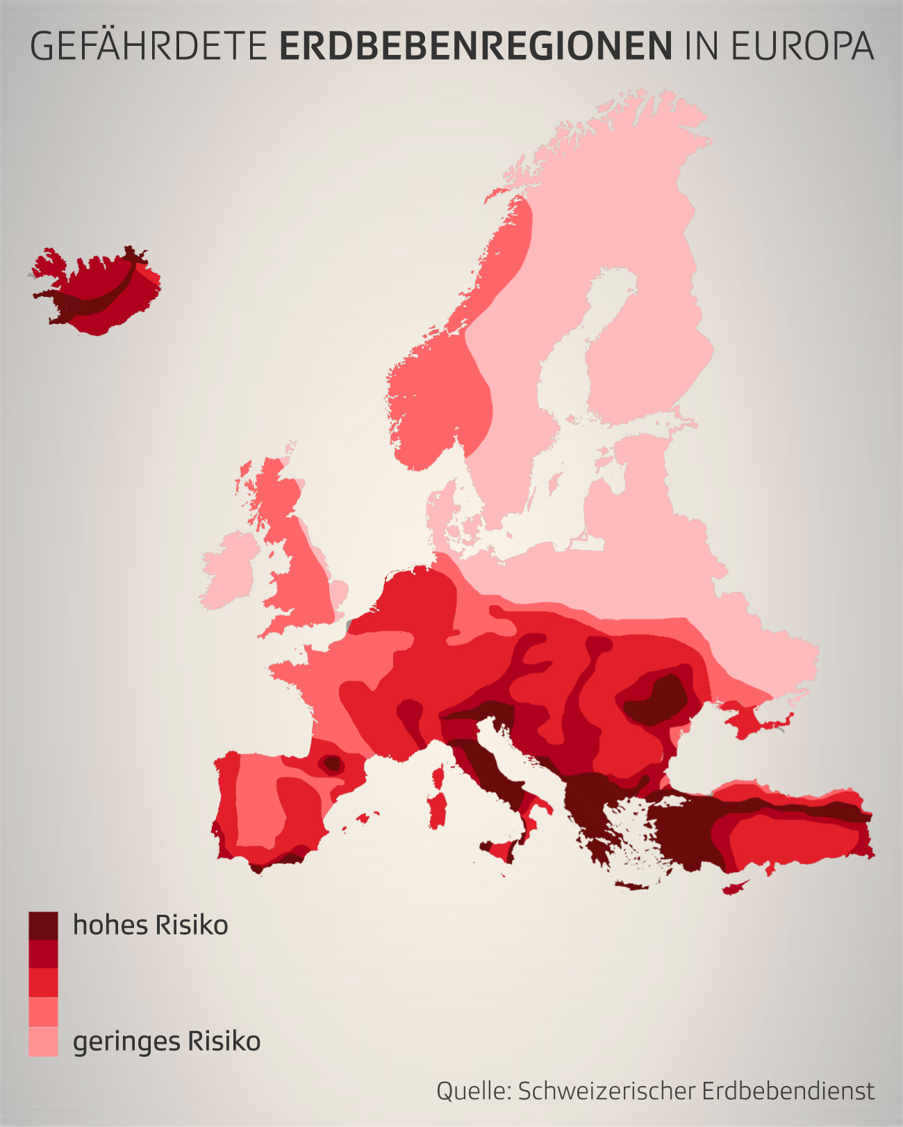 Karte mit Erdbebenregionen nach Risiko in Europa