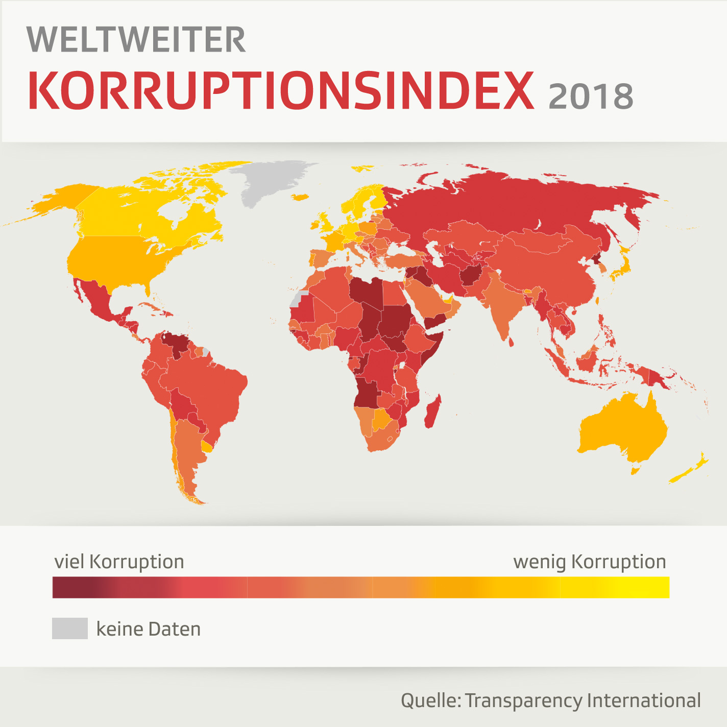 Weltkarte mit farblich markierten Ländern je nach Grad der Korruption